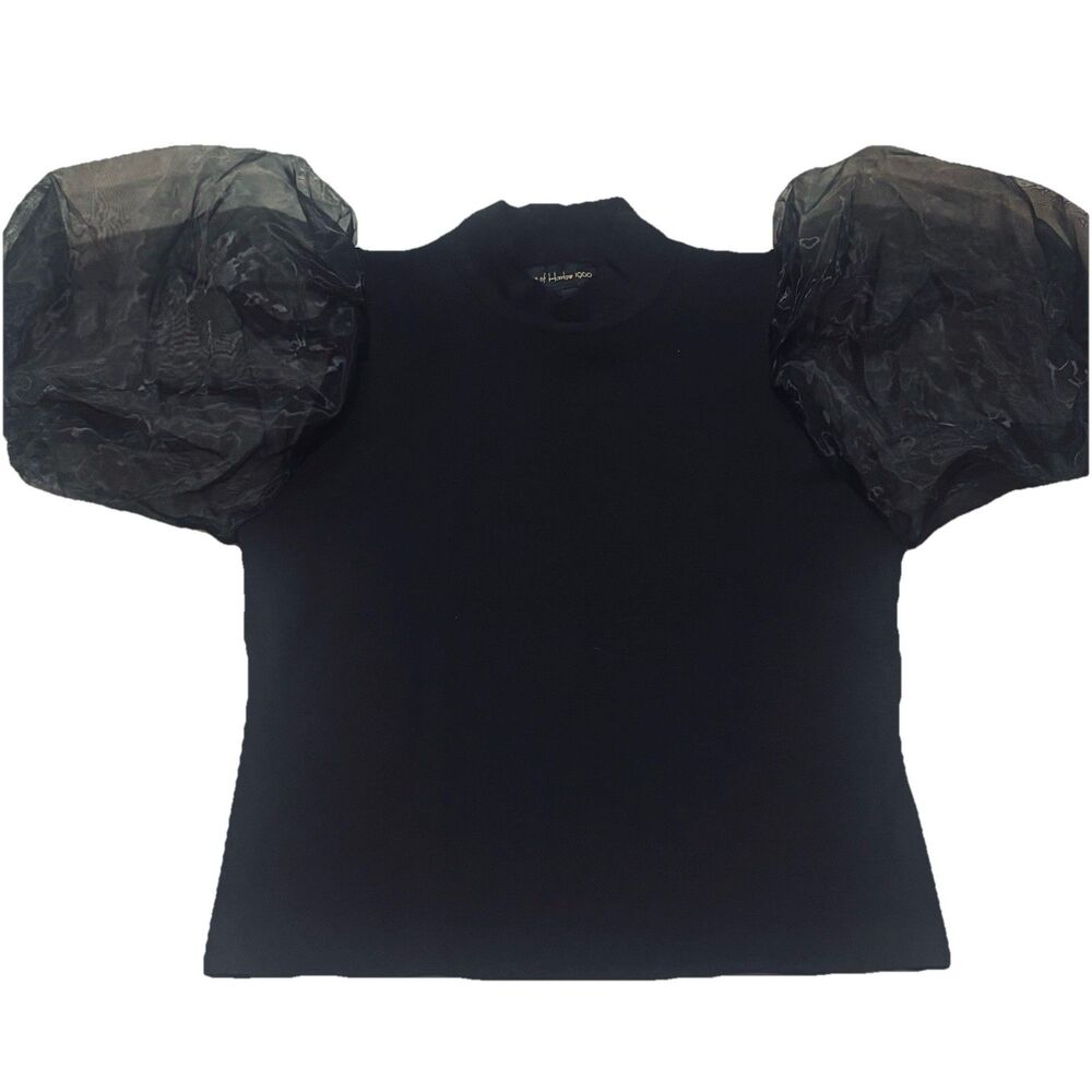 NWOT House of Harlow 1960 Top Organza Puff  Sleeves Sz M Black Sweater